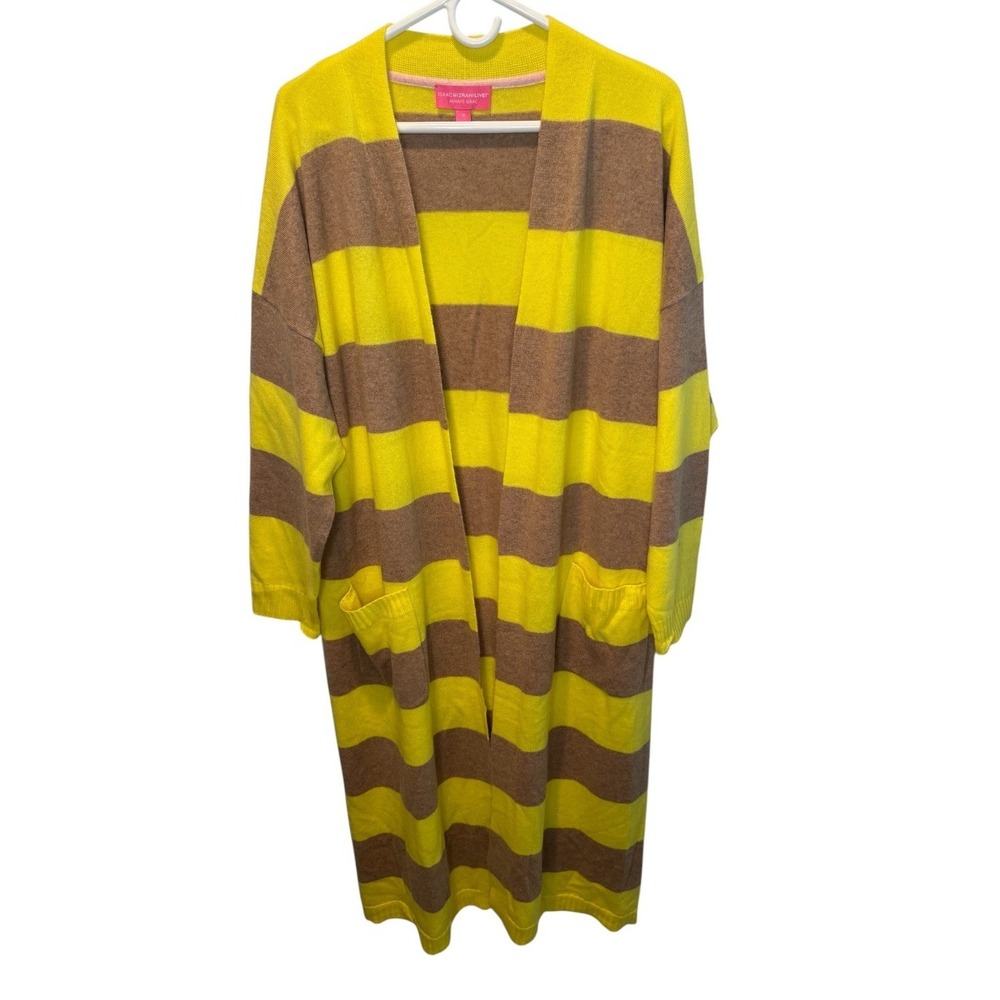 Isaac Mizrahi Live Women Yellow Striped Cashmere Open Duster Cardigan 2X NEW